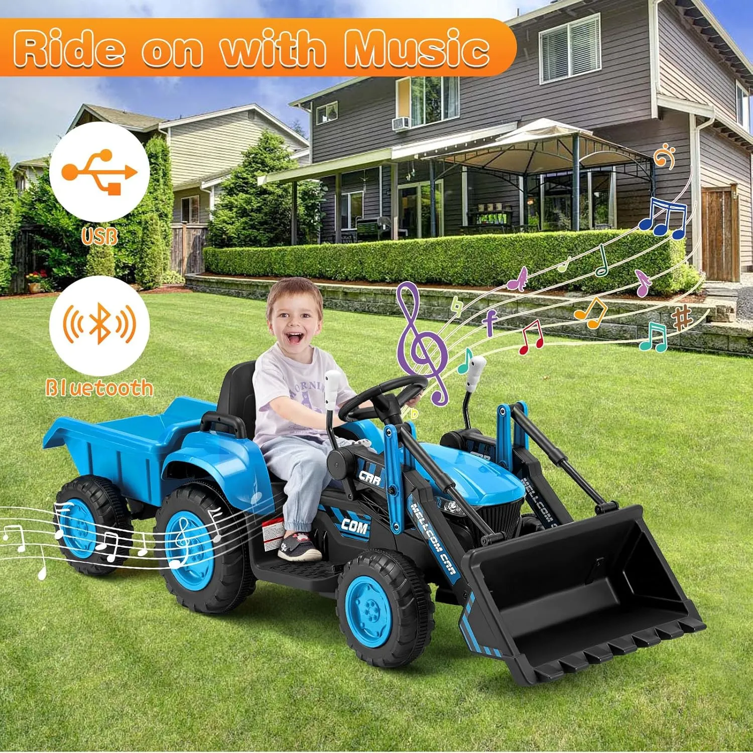 MELLCOM Ride on Bulldozer, Ride on Excavator with Detachable Trailer, 12V Kids Electric Vehicles Ride on Toy with Remote Control, Kids Car with Bucket, Horn, Lights, Music Player, Safety Belt, Blue