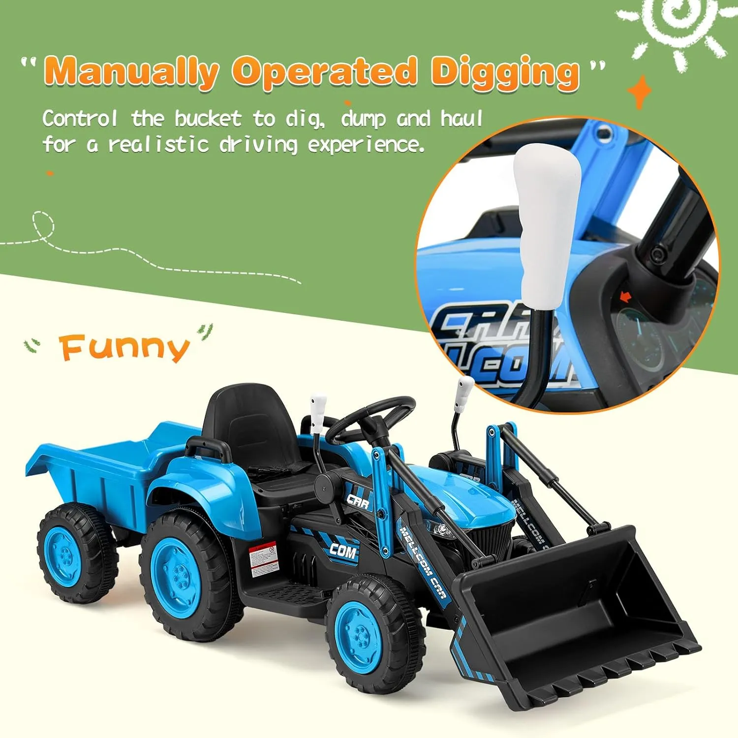 MELLCOM Ride on Bulldozer, Ride on Excavator with Detachable Trailer, 12V Kids Electric Vehicles Ride on Toy with Remote Control, Kids Car with Bucket, Horn, Lights, Music Player, Safety Belt, Blue