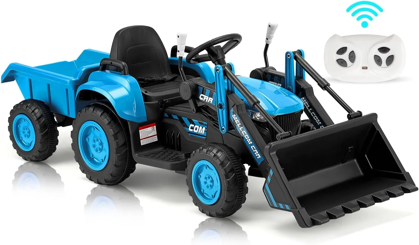 MELLCOM Ride on Bulldozer, Ride on Excavator with Detachable Trailer, 12V Kids Electric Vehicles Ride on Toy with Remote Control, Kids Car with Bucket, Horn, Lights, Music Player, Safety Belt, Blue