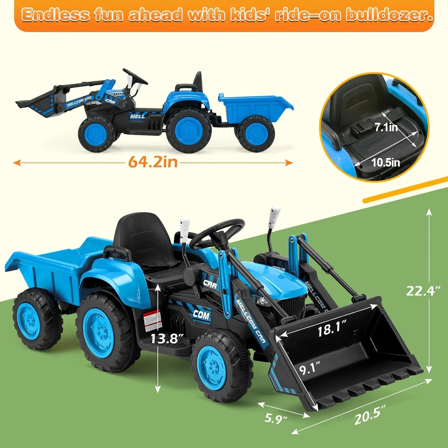 MELLCOM Ride on Bulldozer, Ride on Excavator with Detachable Trailer, 12V Kids Electric Vehicles Ride on Toy with Remote Control, Kids Car with Bucket, Horn, Lights, Music Player, Safety Belt, Blue