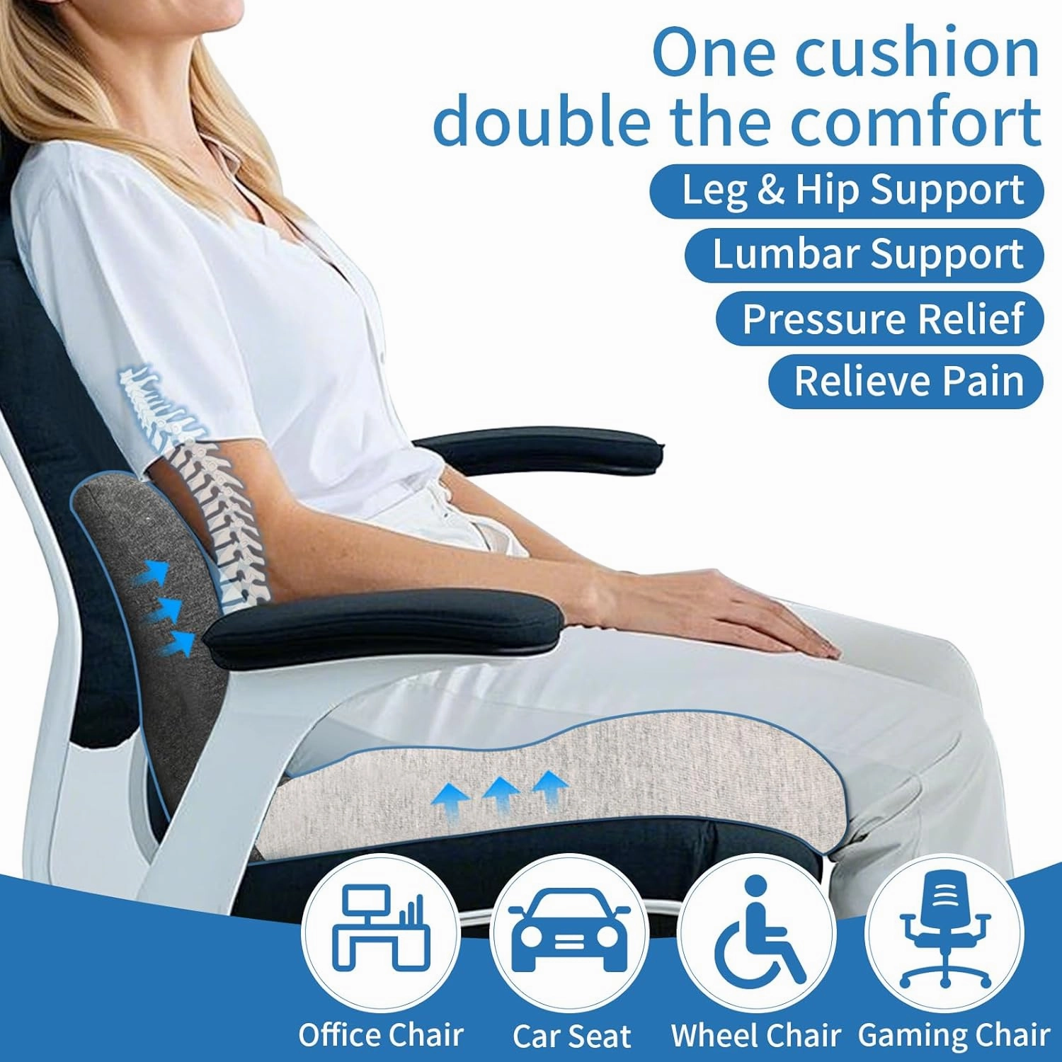 Memory Foam Seat Cushion,Office Chair Cushion with Lumbar Support for Back Pressure Relief, Car Seat Cushion with Adjustable Strap,Sciatica Pad Cushions for Car,Truck, Desk,Gaming Chair