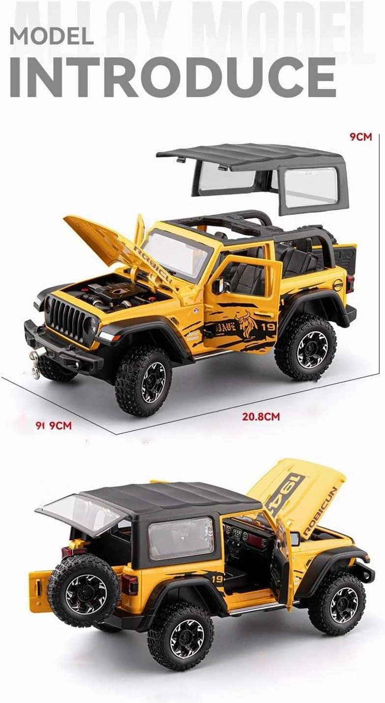 Metal Die Cast Toy Cars 1:24 for Wrangler Rubicon Detachable Roof Alloy Diecasts Metal Casting Sound and Light Car Model Toys for Home Or Office Décor(White)