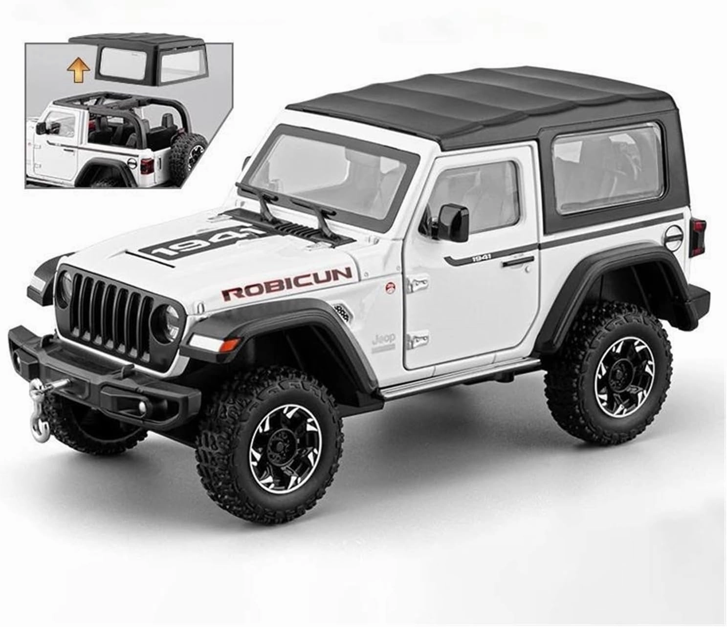 Metal Die Cast Toy Cars 1:24 for Wrangler Rubicon Detachable Roof Alloy Diecasts Metal Casting Sound and Light Car Model Toys for Home Or Office Décor(White)