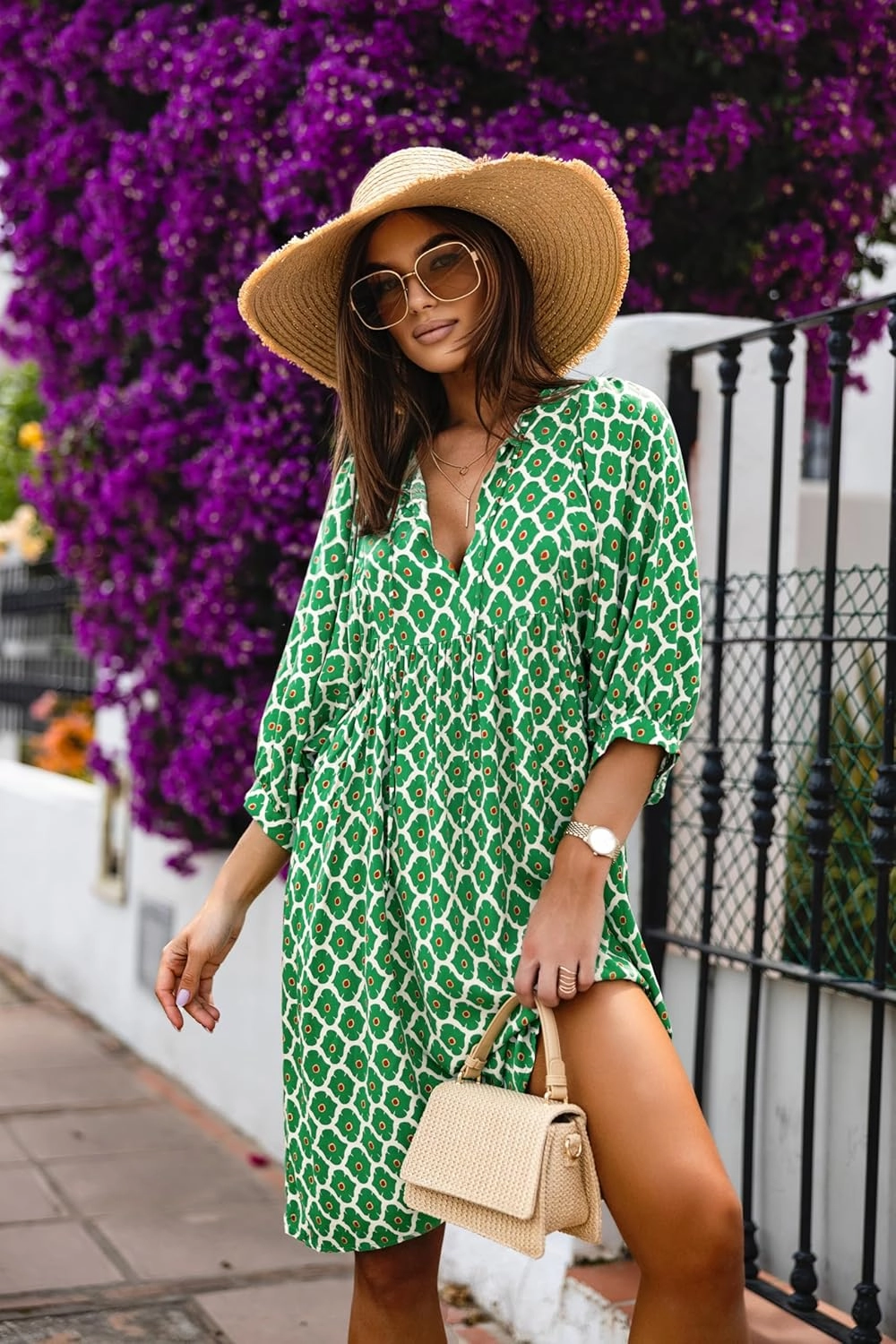 miduo Womens Casual V Neck Summer Half Sleeve Bohemian Floral Mini Tunic Short Dresses