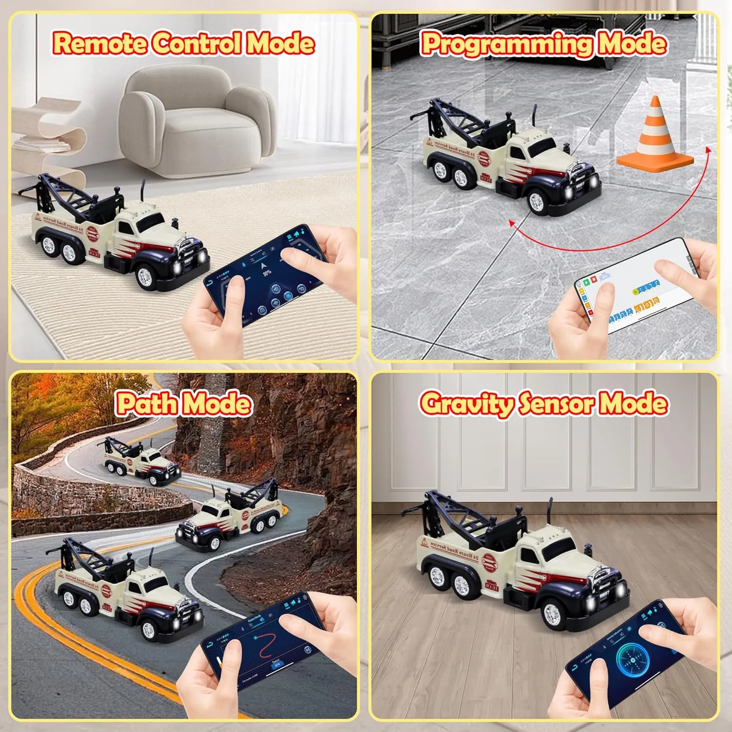 Mini RC Truck, 1/64 Scale Tow Truck Toy Remote Control Car with Lights, Mini Alloy Monster Trucks, 2.4GHz Remote & APP Control, Adjustable Speed & Steering (White)
