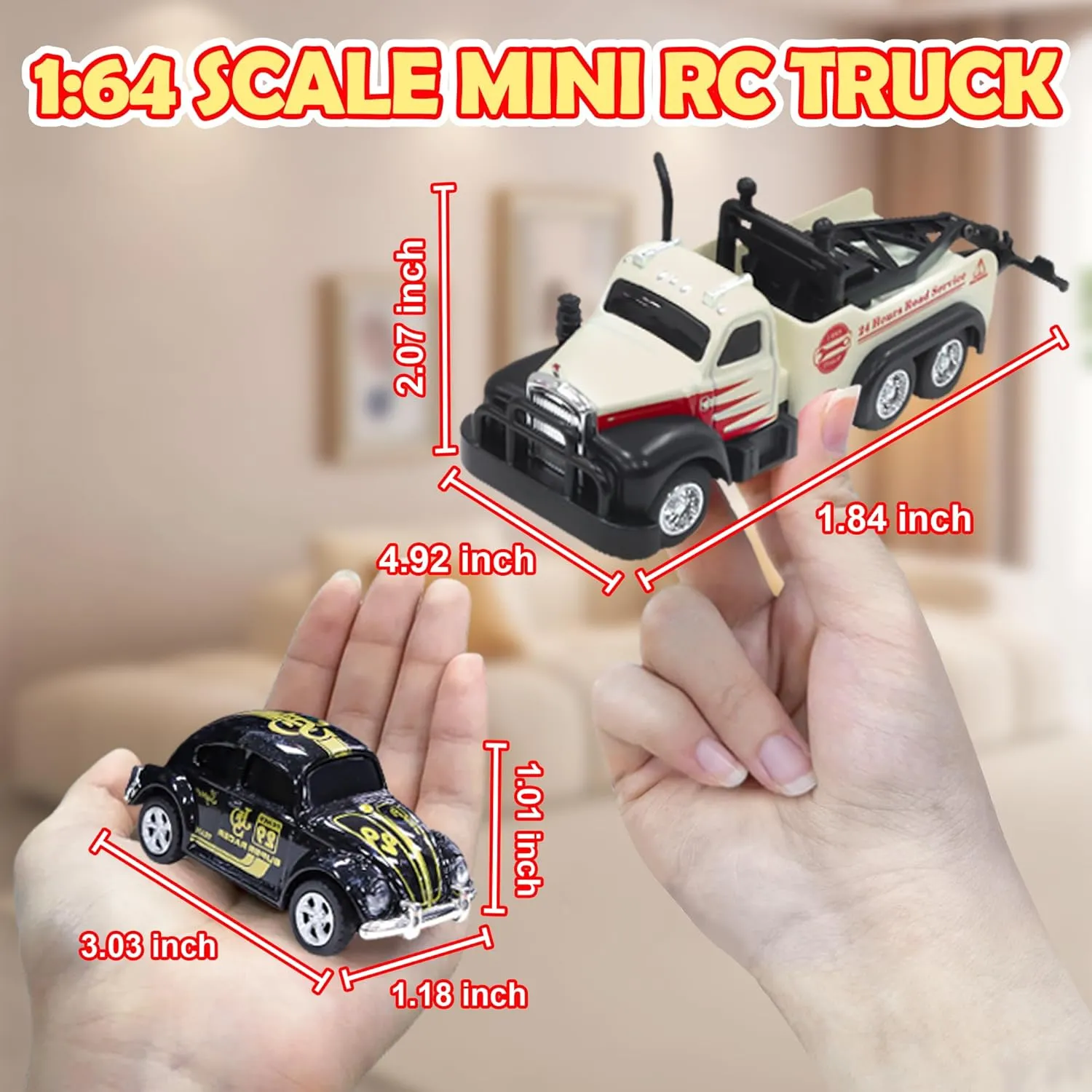 Mini RC Truck, 1/64 Scale Tow Truck Toy Remote Control Car with Lights, Mini Alloy Monster Trucks, 2.4GHz Remote & APP Control, Adjustable Speed & Steering (White)