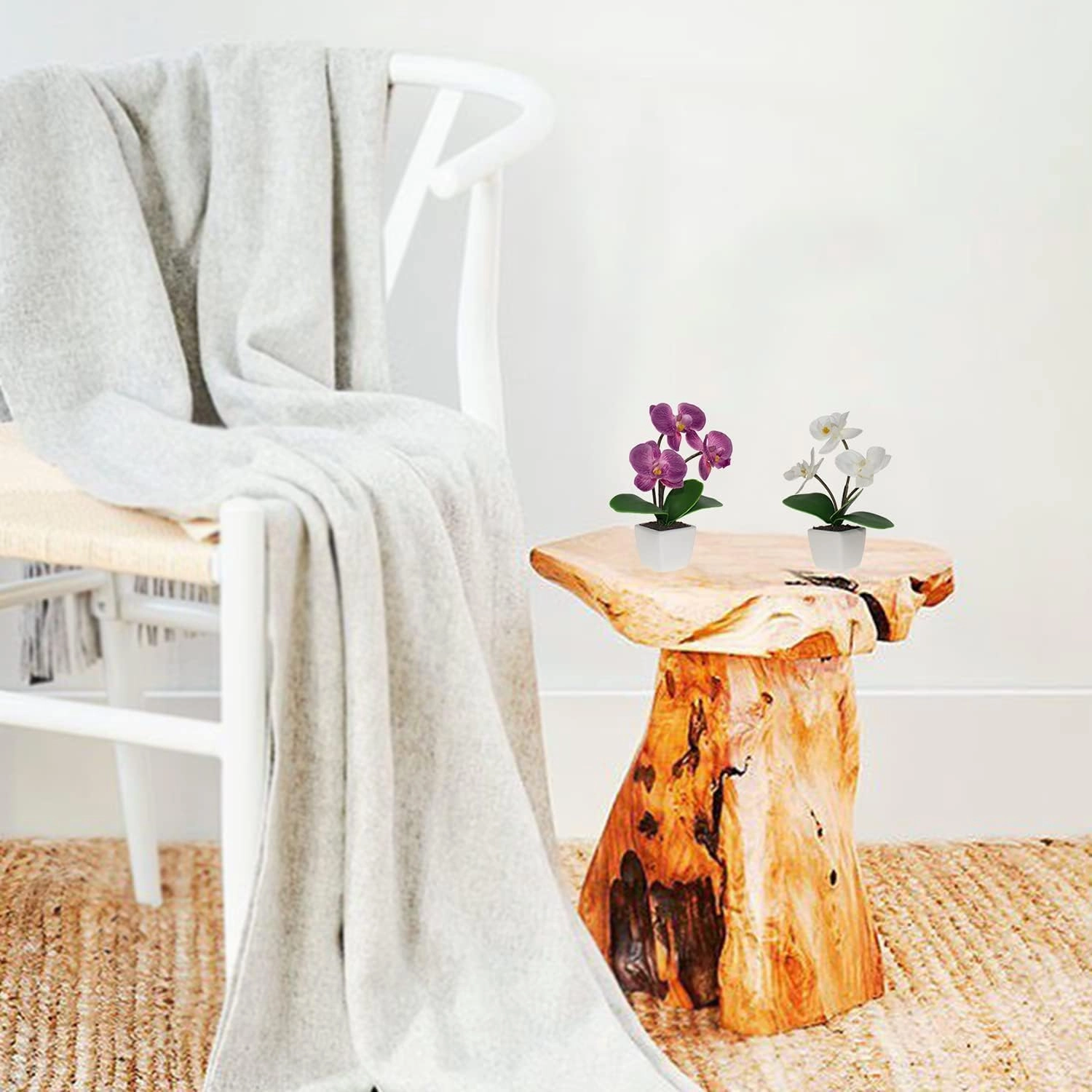 Mini Artificial Silk Orchid Potted Flowers - 2pcs Real Touch Fake Small Plants in Ceramic Vase for Home Office Bathroom Living Room,Tiny Faux Table Shelf Decor, White & Purple