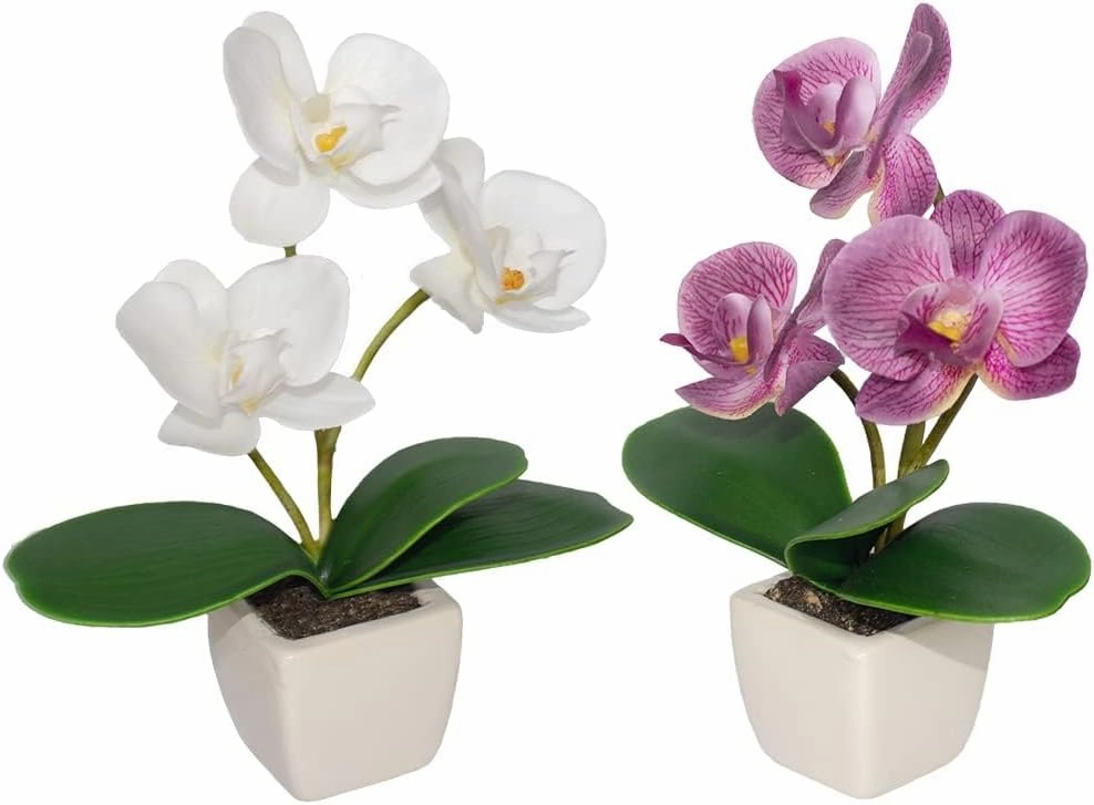 Mini Artificial Silk Orchid Potted Flowers - 2pcs Real Touch Fake Small Plants in Ceramic Vase for Home Office Bathroom Living Room,Tiny Faux Table Shelf Decor, White & Purple