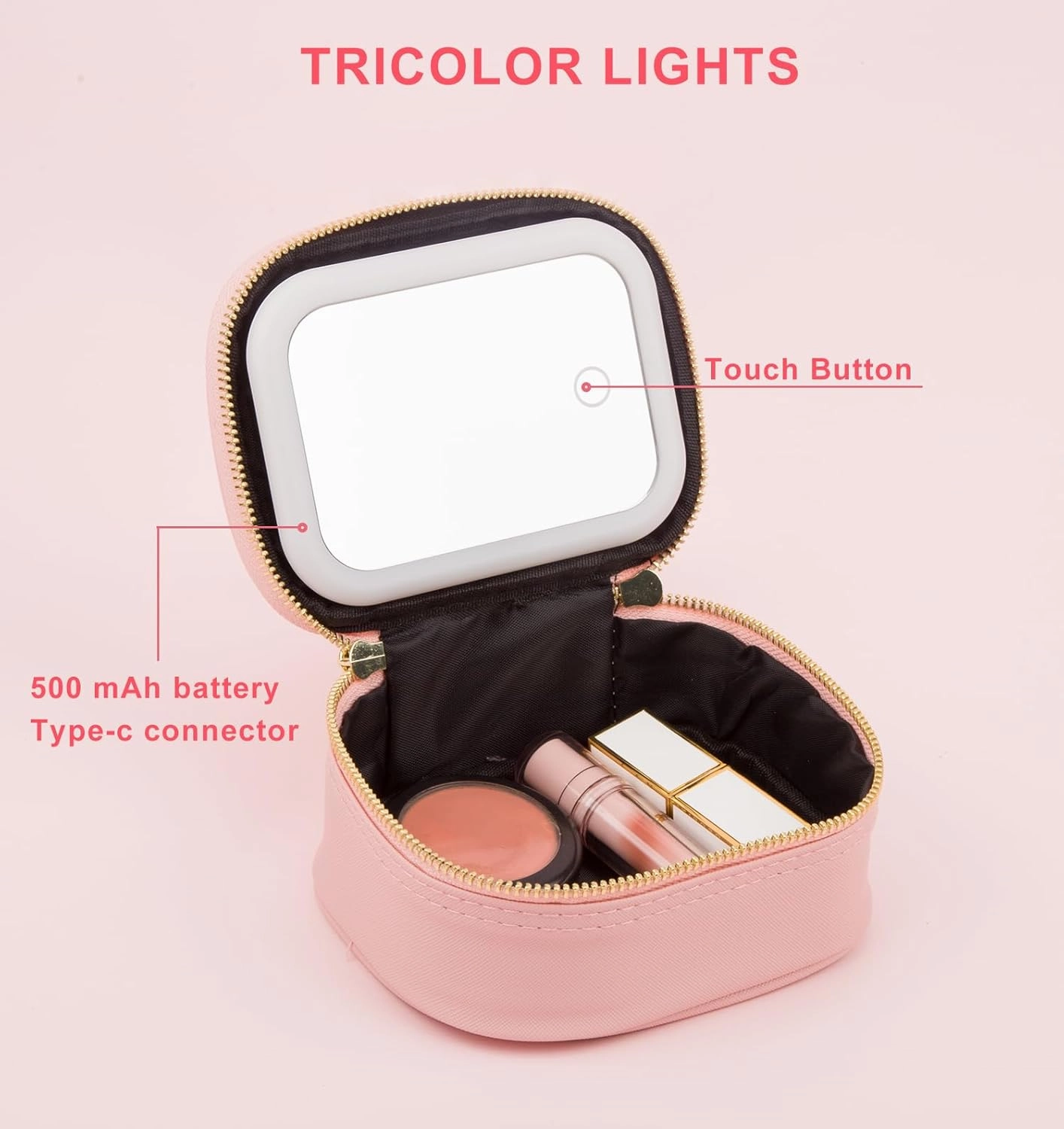 Mini Makeup Bag with LED Mirror, Pink, 5.9 x 4.5 x 2.8 inches, TPU Material