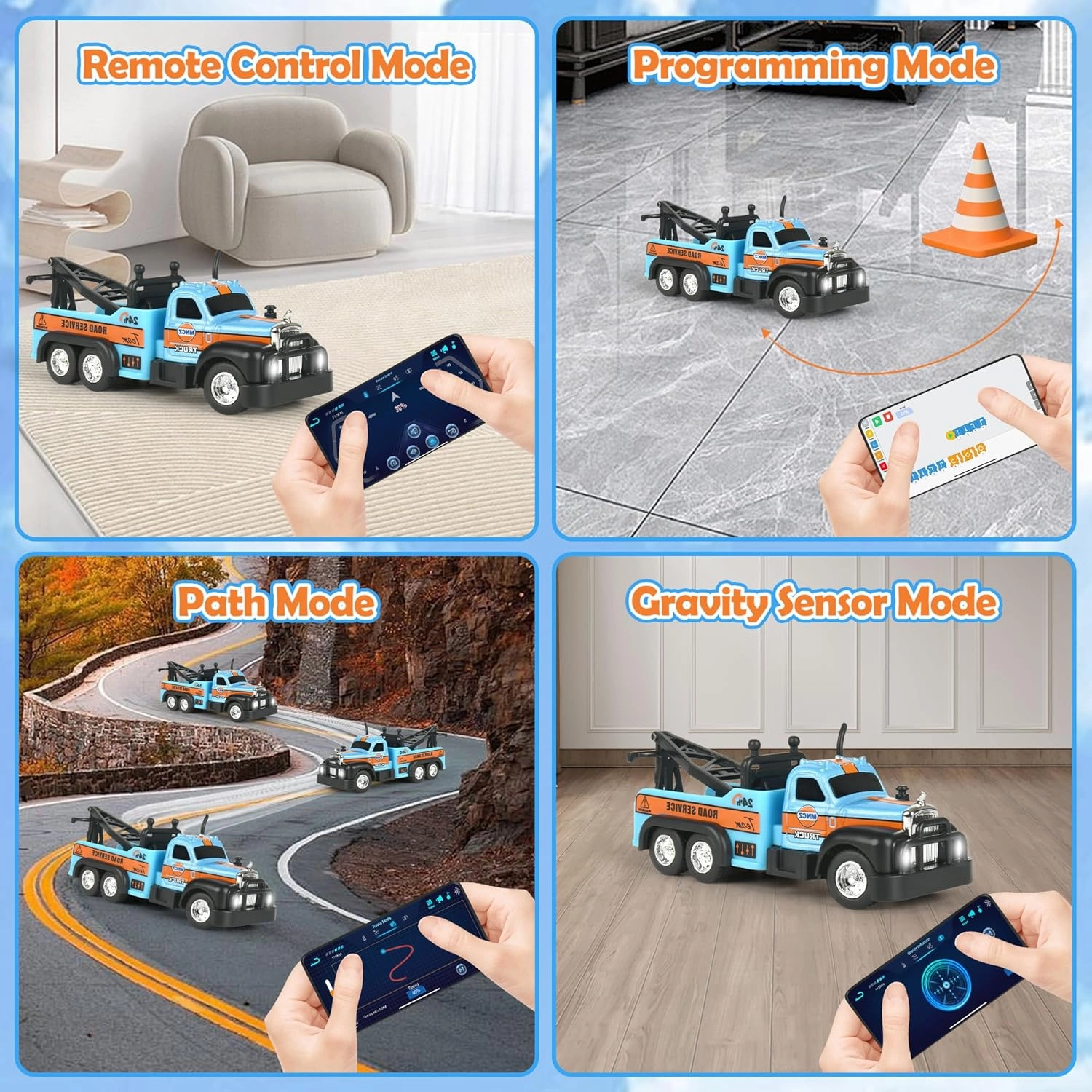 Mini RC Truck, 1/64 Scale Tow Truck Toy Remote Control Car with Lights, Mini Alloy Monster Trucks, 2.4GHz Remote & APP Control, Adjustable Speed & Steering (Blue)