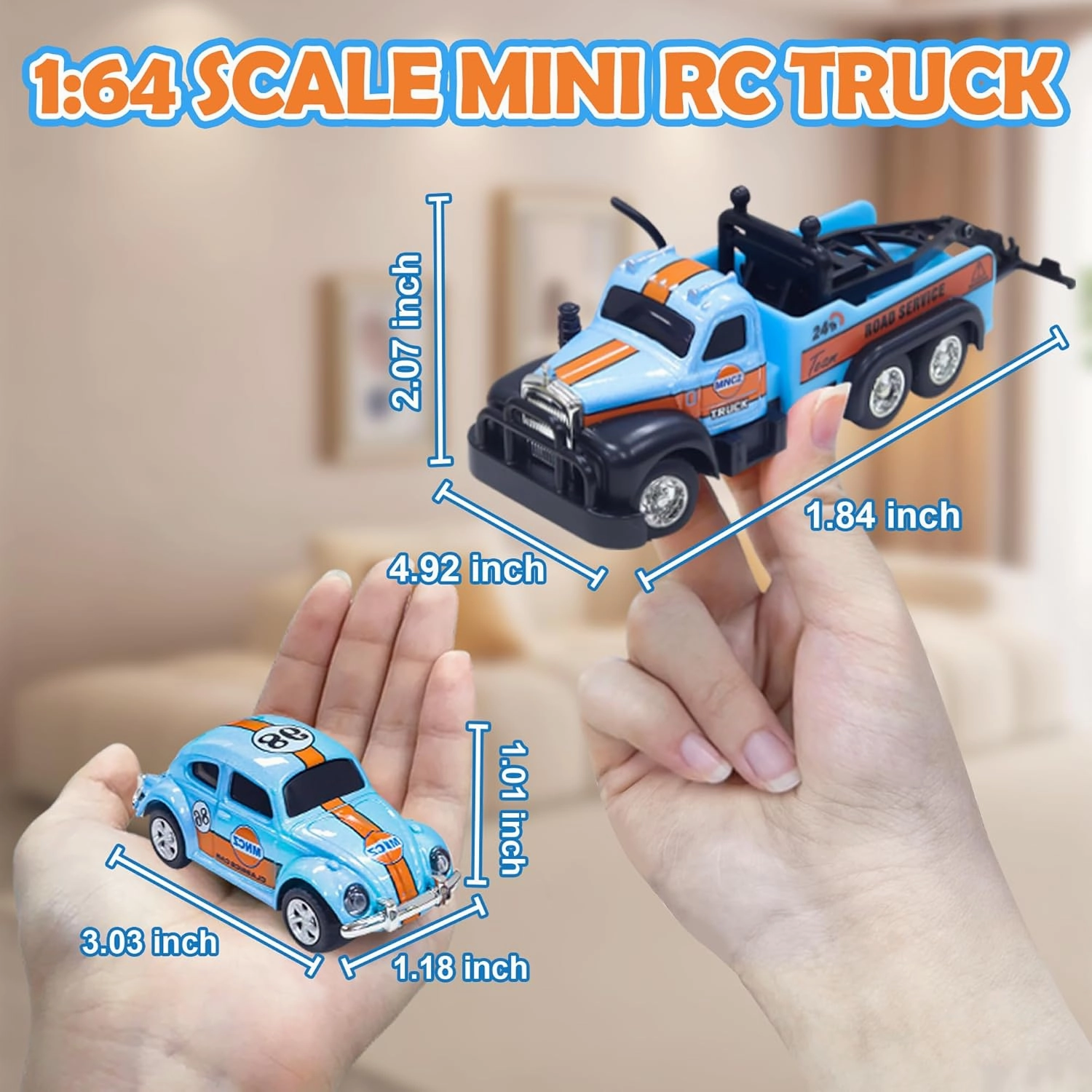 Mini RC Truck, 1/64 Scale Tow Truck Toy Remote Control Car with Lights, Mini Alloy Monster Trucks, 2.4GHz Remote & APP Control, Adjustable Speed & Steering (Blue)