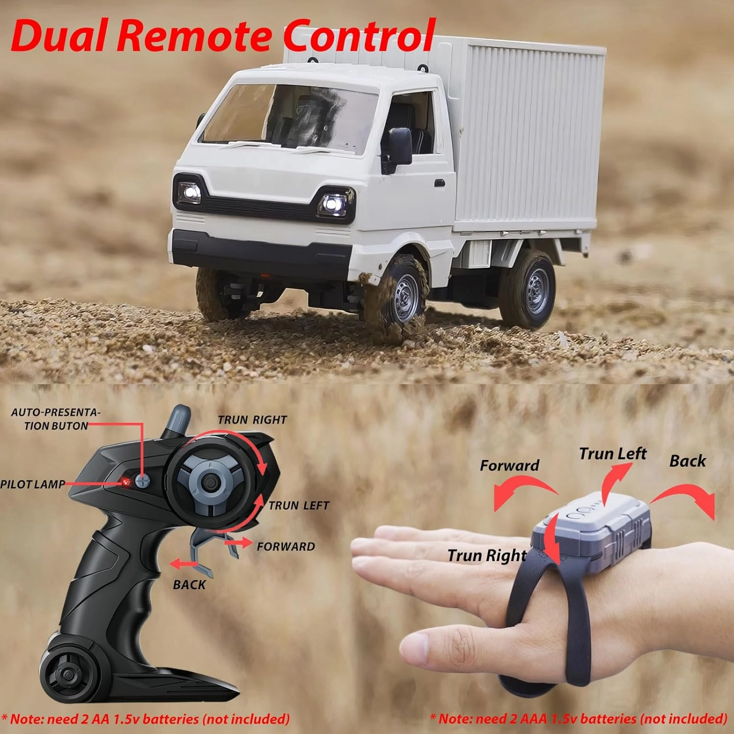 Mini RC Truck for 5-12 Years Old Boys, 1/16 Scale RWD 2.4G Gesture Sensing RC Car with Spray Light and Sound, Remote Control Music Truck for Kids Birthday Gifts (Cargo Box Grey)