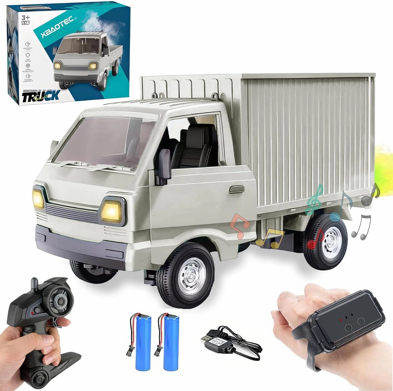 Mini RC Truck for 5-12 Years Old Boys, 1/16 Scale RWD 2.4G Gesture Sensing RC Car with Spray Light and Sound, Remote Control Music Truck for Kids Birthday Gifts (Cargo Box Grey)