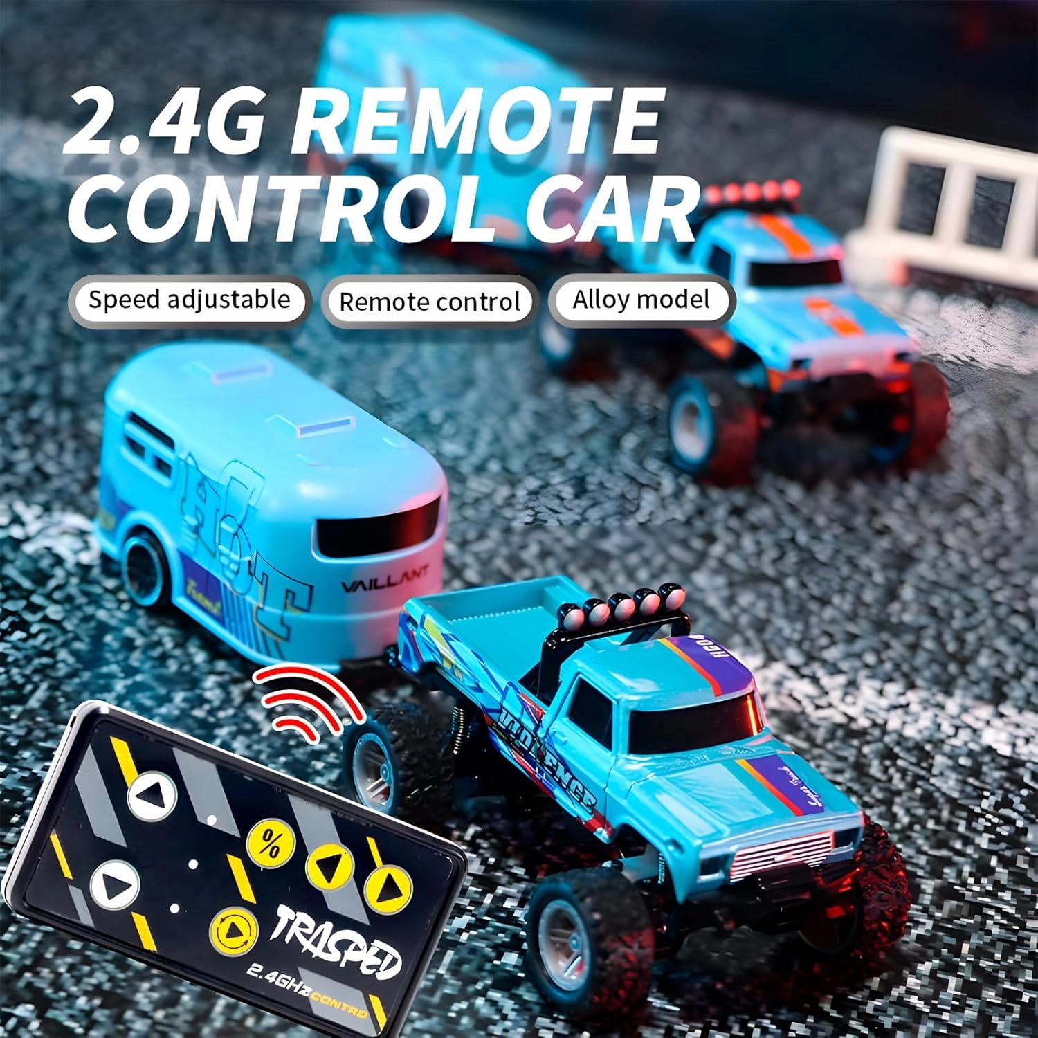 Mini Rc Truck, Mini RC Monster Truck, 1:64 Scale Monster Truck Remote Control Car with Lights, 2.4Ghz Remote Control, Mini Alloy Monster Truck Rc with Trailer, Speed/Steering Adjustable(Orange)