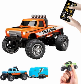 Mini Rc Truck, Mini RC Monster Truck, 1:64 Scale Monster Truck Remote Control Car with Lights, 2.4Ghz Remote Control, Mini Alloy Monster Truck Rc with Trailer, Speed/Steering Adjustable(Orange)