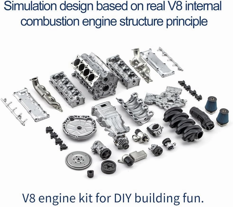 Mini V8 Engine Model Kit That Runs, MAD 3D Printing Resin Simulated Dynamic Work Internal Combustion Engine Model for AX90104 SCX10Ⅱ Capra VS4-10 Pro/Ultra Engine Model Car