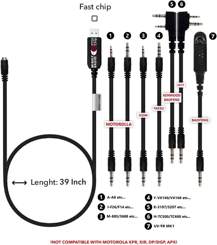 MIRKIT FTDI USB Programming Cable, 7-in-1, Compatible with Baofeng UV-5R, UV-82, BF888S, UV-9R, BF-F8HP, Kenwood, Wouxun, Btech, 4ft Cable, for Radio Amateur