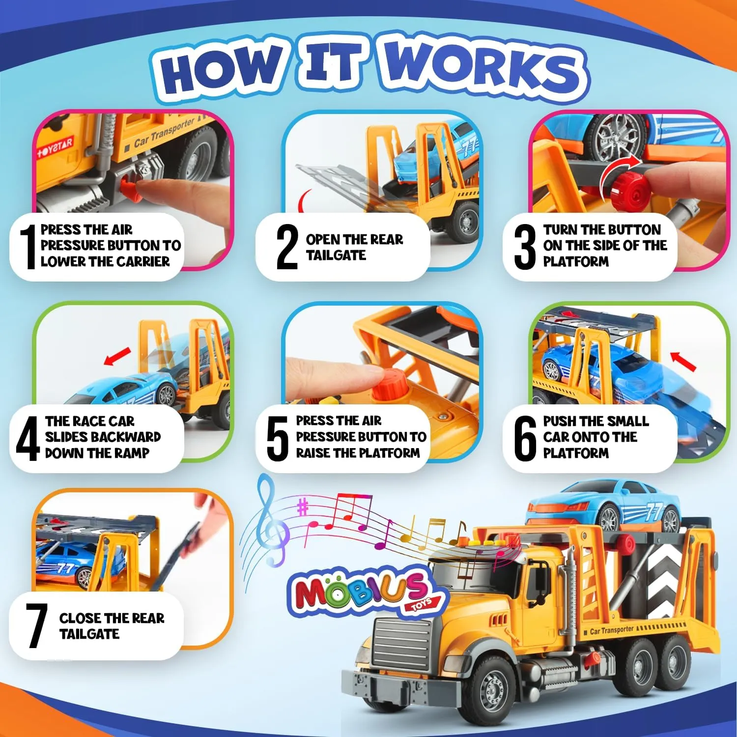 Mobius Kids Tow Truck Toy with Race Car Friction Powered Hauling Toy Tow Trucks for Boys Age 3-5 w/Flashing Lights & Sounds - Playset for Kids Boy & Girls Ages 3-9 Working Hook & 11 Cool Accessories