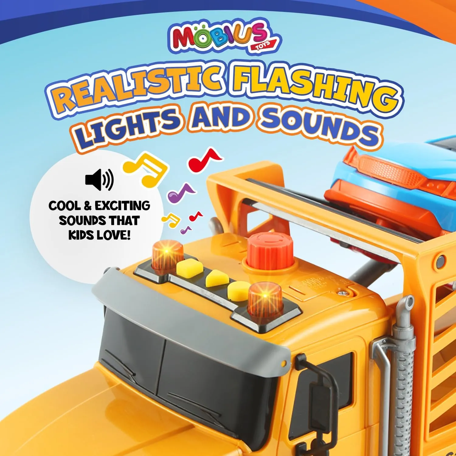 Mobius Kids Tow Truck Toy with Race Car Friction Powered Hauling Toy Tow Trucks for Boys Age 3-5 w/Flashing Lights & Sounds - Playset for Kids Boy & Girls Ages 3-9 Working Hook & 11 Cool Accessories