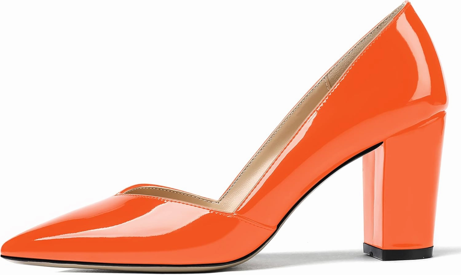 MODENCOCO Women's Pointed Toe Slip On Patent Cut Out Block High Heel Pumps Shoes 3.5 Inch