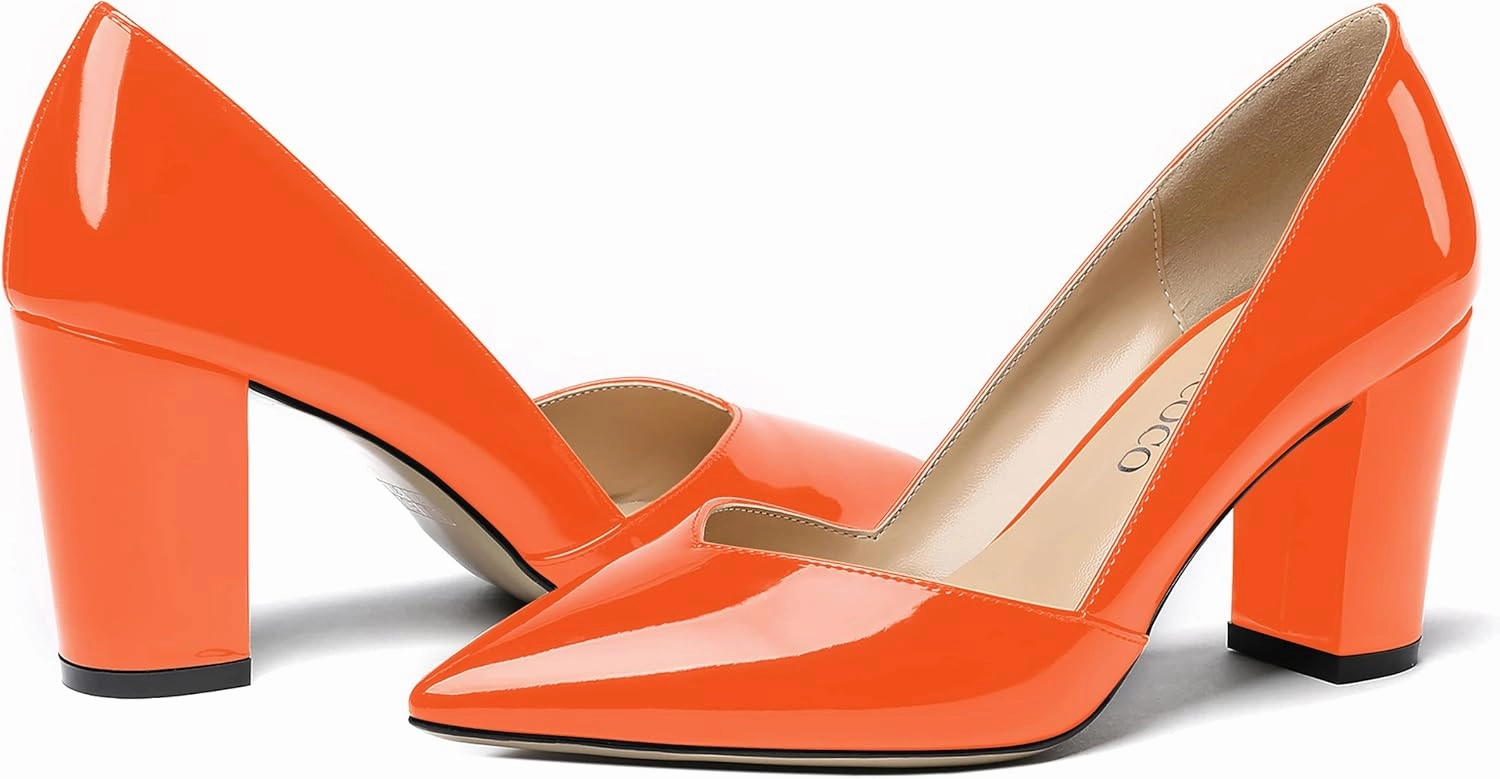 MODENCOCO Women's Pointed Toe Slip On Patent Cut Out Block High Heel Pumps Shoes 3.5 Inch