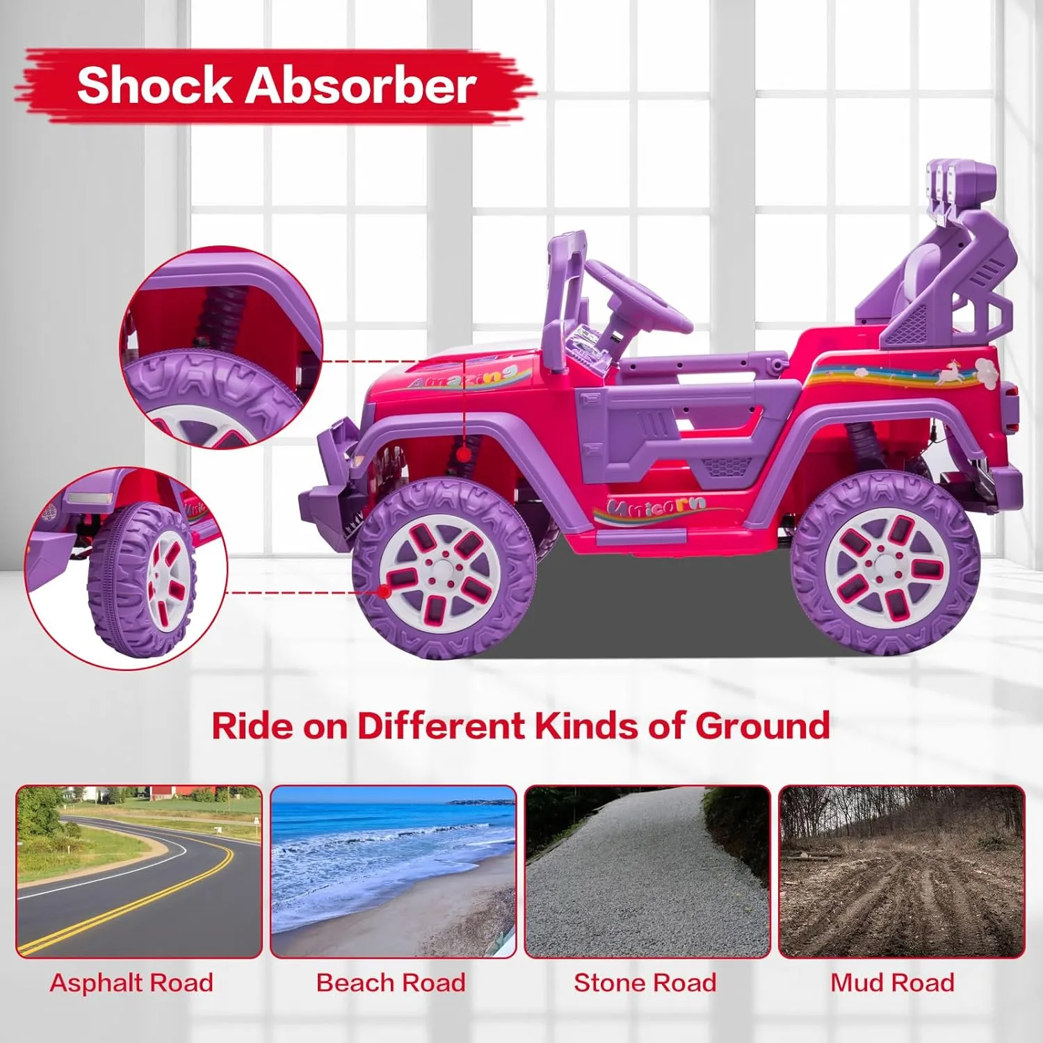 Modern-Depo 12V Kids Ride On Car Unicorn Truck with DIY Stickers, Manual/Remote Control Electric Car with LED Lights, 2 Motors, 2 Speeds, Openable Doors, Spring Suspension, Music Player, Purple/Pink