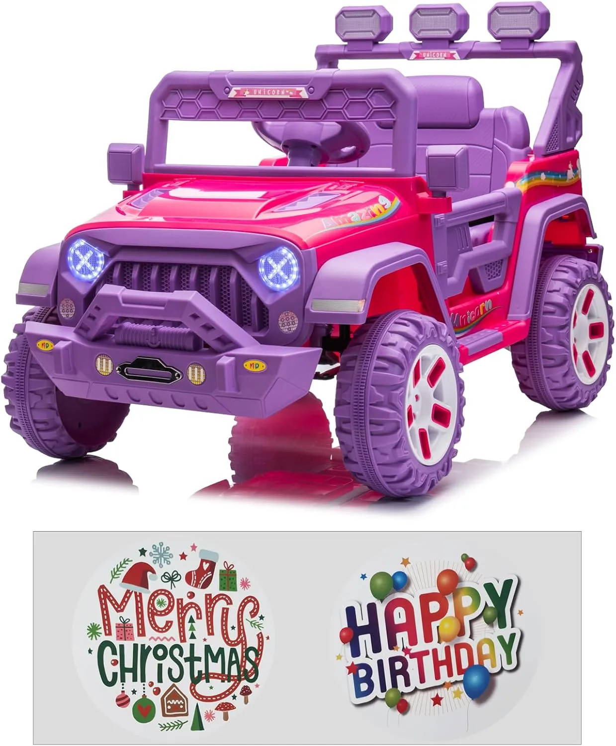 Modern-Depo 12V Kids Ride On Car Unicorn Truck with DIY Stickers, Manual/Remote Control Electric Car with LED Lights, 2 Motors, 2 Speeds, Openable Doors, Spring Suspension, Music Player, Purple/Pink