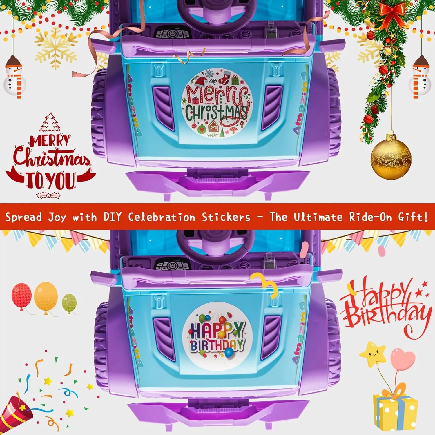 Modern-Depo 12V Kids Ride On Car Unicorn Truck with DIY Stickers, Manual/Remote Control Electric Car with LED Lights, 2 Motors, 2 Speeds, Openable Doors, Spring Suspension, Music Player, Purple/Pink