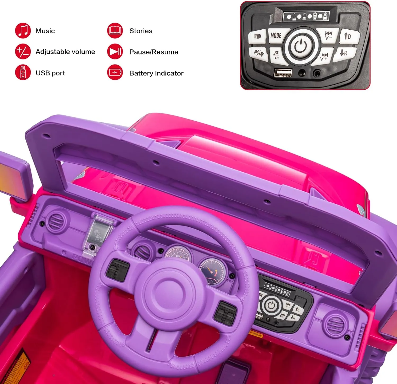 Modern-Depo 12V Kids Ride On Car Unicorn Truck with DIY Stickers, Manual/Remote Control Electric Car with LED Lights, 2 Motors, 2 Speeds, Openable Doors, Spring Suspension, Music Player, Purple/Pink