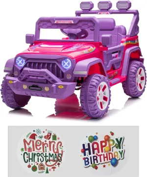 Modern-Depo 12V Kids Ride On Car Unicorn Truck with DIY Stickers, Manual/Remote Control Electric Car with LED Lights, 2 Motors, 2 Speeds, Openable Doors, Spring Suspension, Music Player, Purple/Pink