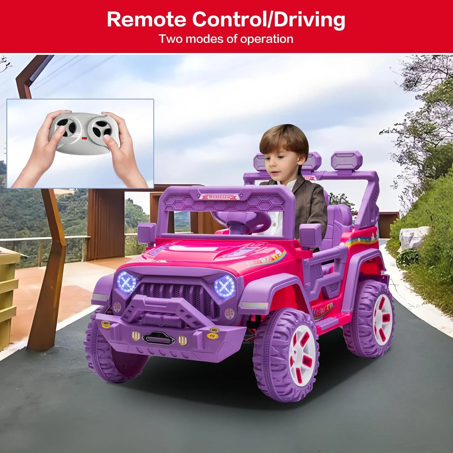 Modern-Depo 12V Kids Ride On Car Unicorn Truck with DIY Stickers, Manual/Remote Control Electric Car with LED Lights, 2 Motors, 2 Speeds, Openable Doors, Spring Suspension, Music Player, Purple/Pink