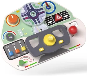 Montessori Busy Board for Toddlers, Wooden Car Steering Wheel Sensory Toy for Fine Motor Skills & Brain Development, Ideal Gift for 1 2 3 4  Year Old