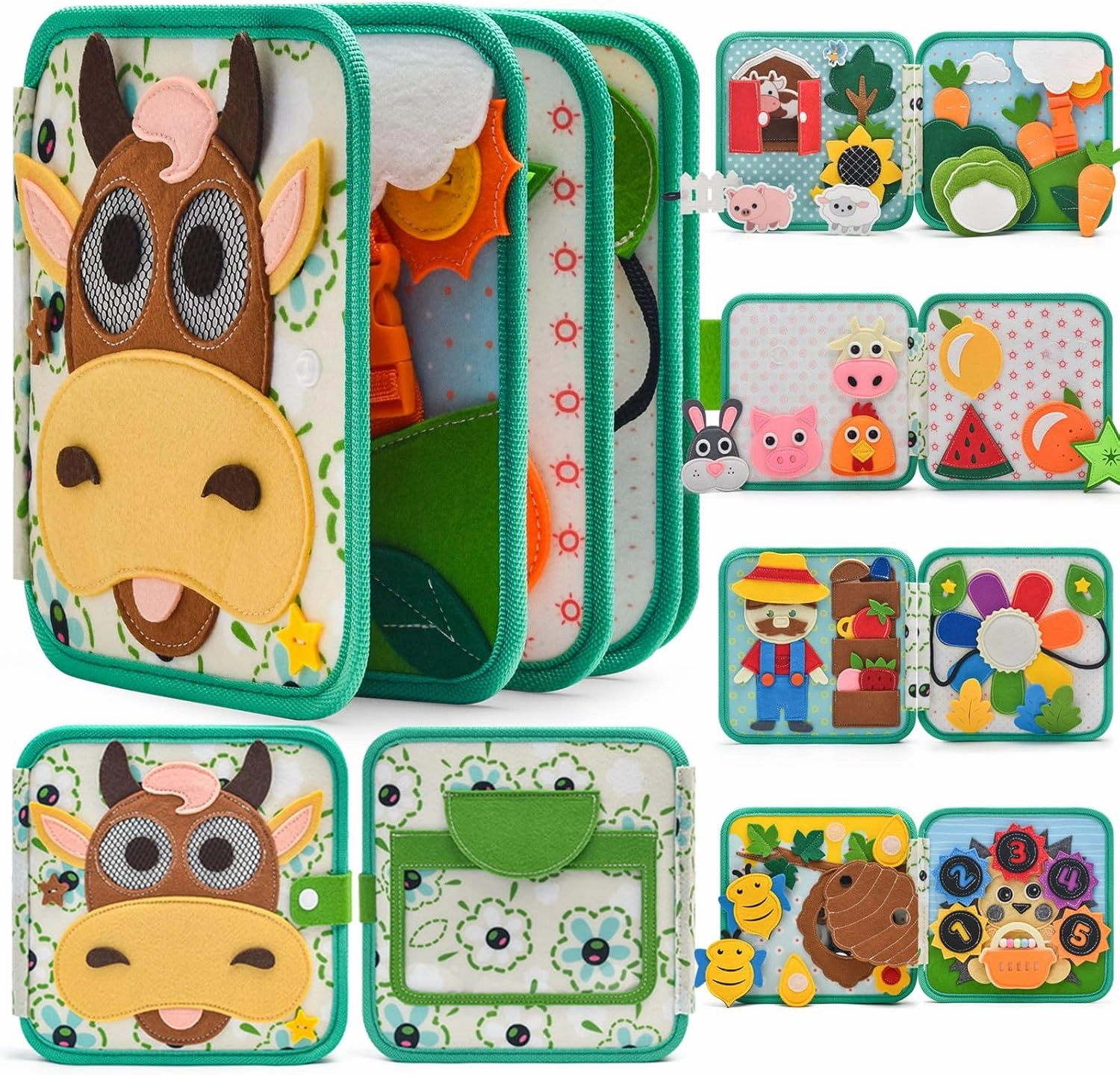 Montessori Busy Book for Toddlers 1-3, Felt Quiet Book & Busy Board for Preschool Learning, Fine Motor Skills & Sensory Play, Educational Travel Toy and Gift for Kids – Farm Animals Theme, Green