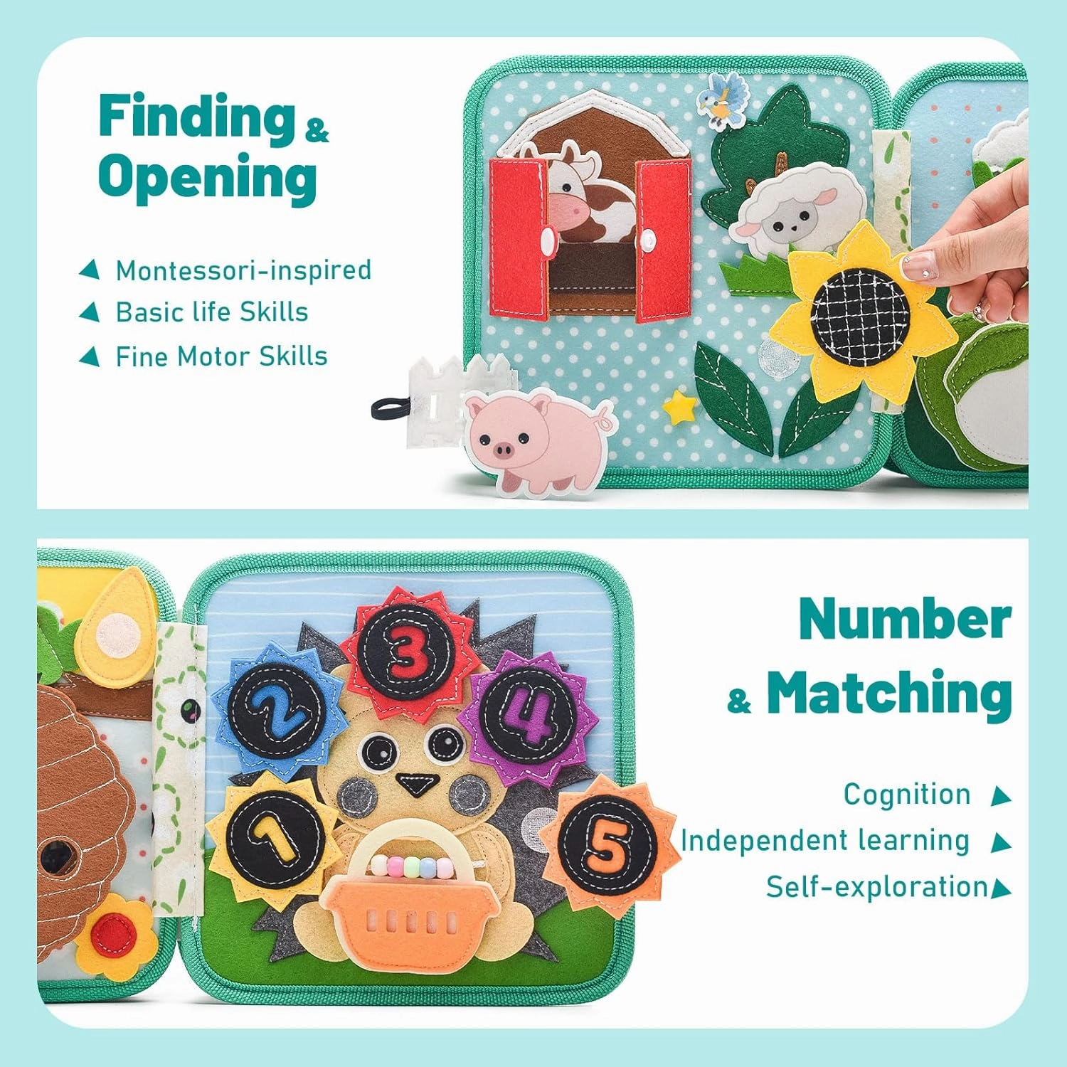 Montessori Busy Book for Toddlers 1-3, Felt Quiet Book & Busy Board for Preschool Learning, Fine Motor Skills & Sensory Play, Educational Travel Toy and Gift for Kids – Farm Animals Theme, Green