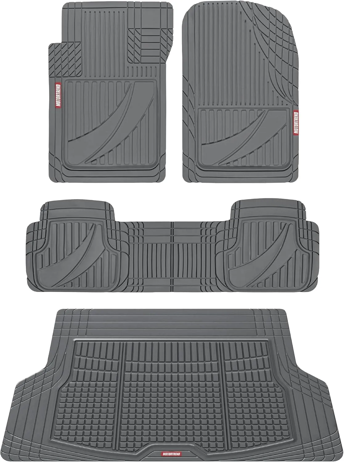 Motor Trend FlexTough Advanced Gray Rubber Car Floor Mats with Cargo Liner Full Set - Front & Rear Combo Trim to Fit Floor Mats for Cars Van SUV, All Weather Automotive Floor Liners