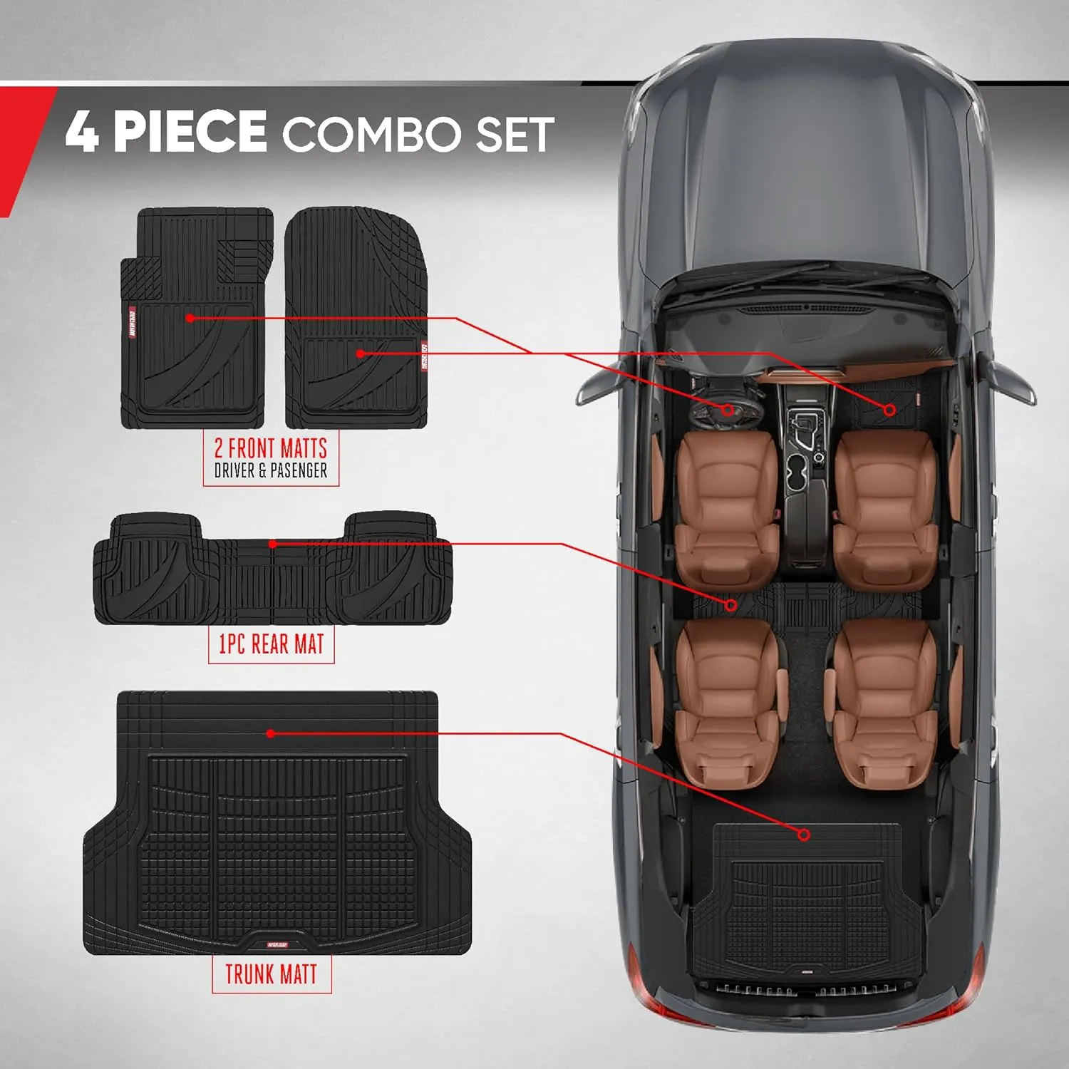 Motor Trend FlexTough Advanced Heavy Duty Black Rubber Car Floor Mats & Cargo Liner for SUV & Car Full Set - Universal Trim to Fit All Weather Automotive Floor Mats & Cargo Liners for SUV, Car, & Van