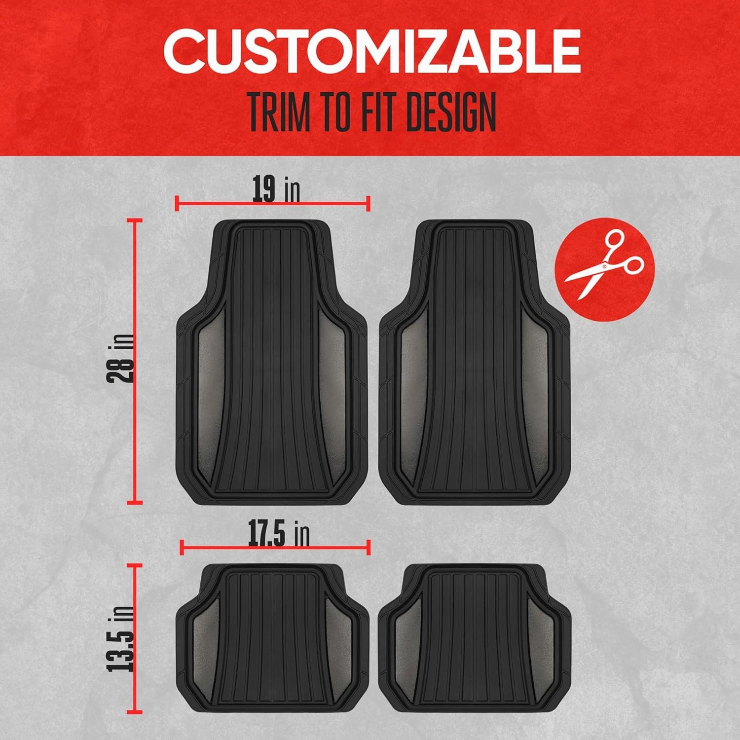 Motor Trend ChromeTech Car Floor Mats Full Set - Durable Rubber Floor Mats for Cars with Two Tone Accent, All Weather Interior Protection for Front and Rear with Non-Slip Backing, Gunmetal Chrome