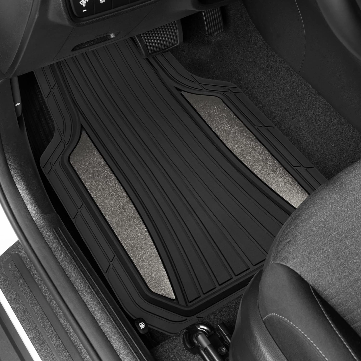 Motor Trend ChromeTech Car Floor Mats Full Set - Durable Rubber Floor Mats for Cars with Two Tone Accent, All Weather Interior Protection for Front and Rear with Non-Slip Backing, Gunmetal Chrome