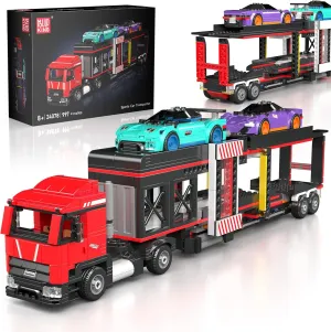Mould King 24078 Sports Car Transporter Building Toy Set, City Car Carrier Truck with 2 Race Cars, Semi Truck with Carrier & Trailer for Kids Boys Girls Aged 8 , Adjustable Loading Ramp Tow