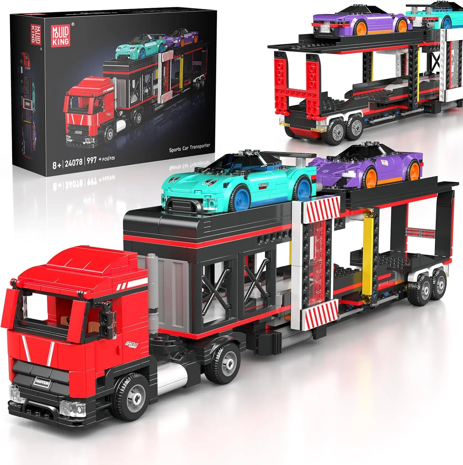Mould King 24078 Sports Car Transporter Building Toy Set, City Car Carrier Truck with 2 Race Cars, Semi Truck with Carrier & Trailer for Kids Boys Girls Aged 8 , Adjustable Loading Ramp Tow