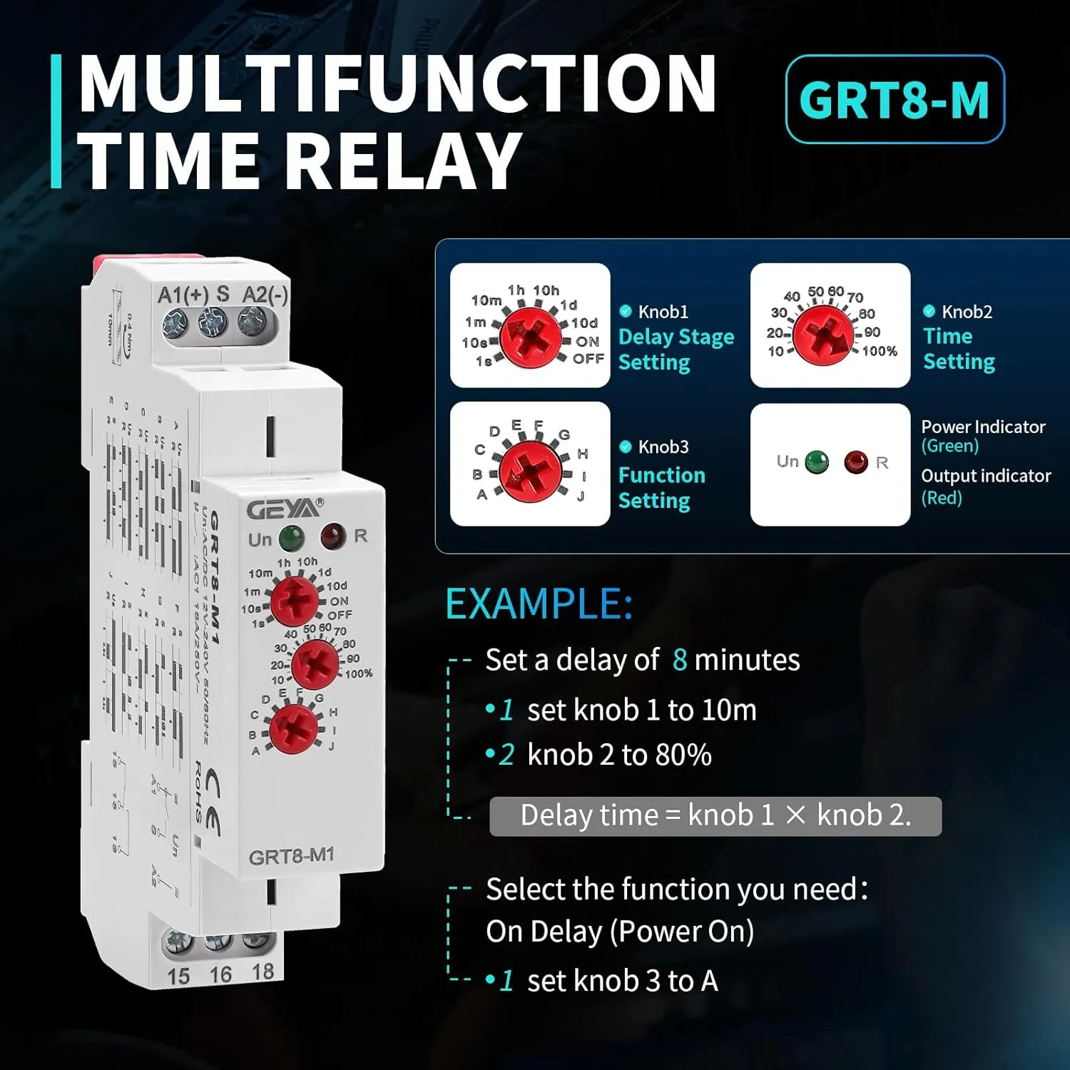 Multifunction Time Relay, IGEYAPA 16A Delay ON Off GRT8 M1 AC DC 12-240V with 10 Relay Timer Control Delay Function Mode DIN Rail Electronic Relays of Wide Time Delay Range for 0.1 Seconds to 10 Days