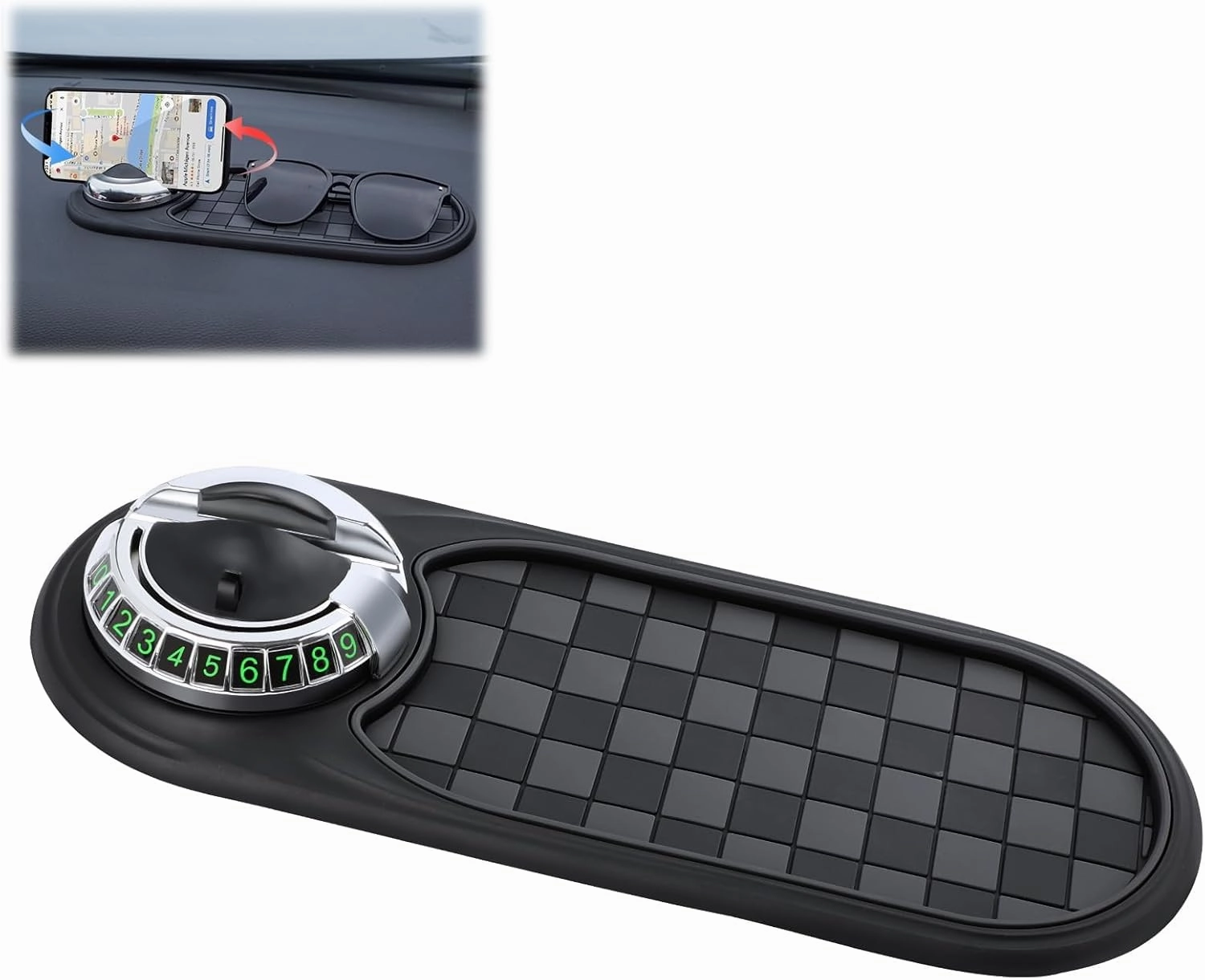 Multifunction Car Anti-Slip Mat, Rotatable Car Anti Slip Mat Phone Holder, Multifunctional Dashboard Mobile Phone Holder with Temporary Parking Numbe, Car Dashboard Accessories (Silver)