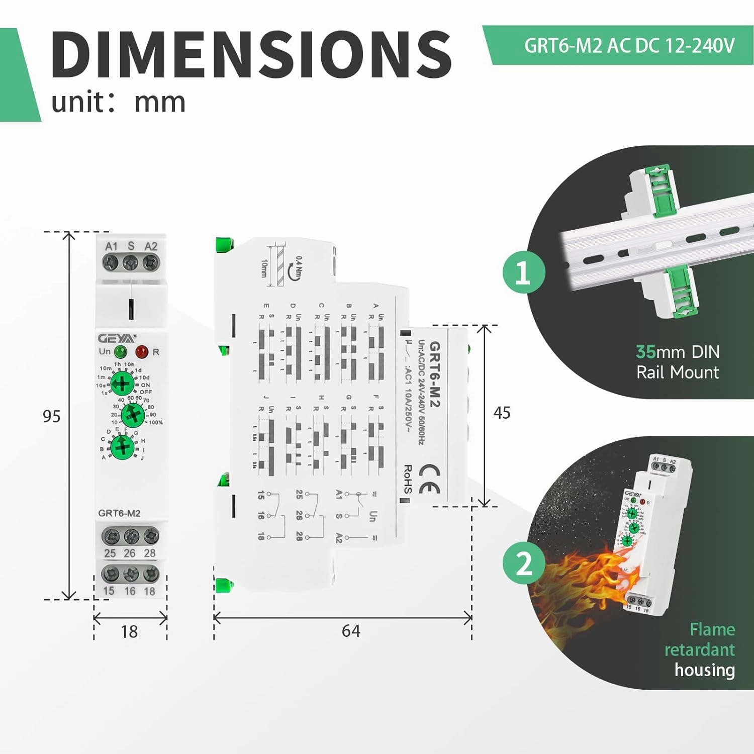 Multifunction Time Relay 2 Outputs 10A Adjustable Smart Relay 24V Electronic Timer in Din Rail,0.1s-10 Days Wide Range Delay On Off Factory Automation Universal Voltage GRT6 M2 AC DC 240V