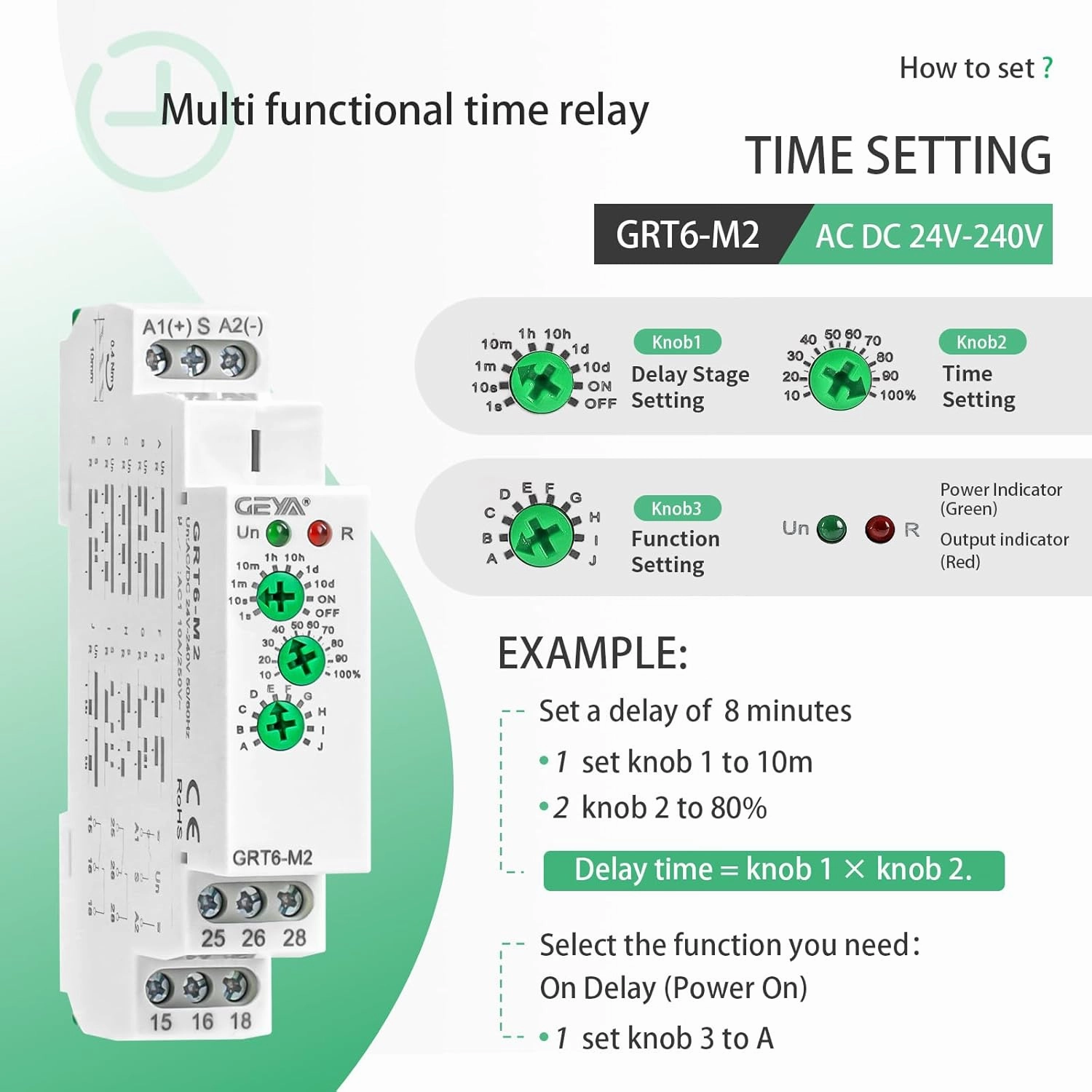 Multifunction Time Relay 2 Outputs 10A Adjustable Smart Relay 24V Electronic Timer in Din Rail,0.1s-10 Days Wide Range Delay On Off Factory Automation Universal Voltage GRT6 M2 AC DC 240V