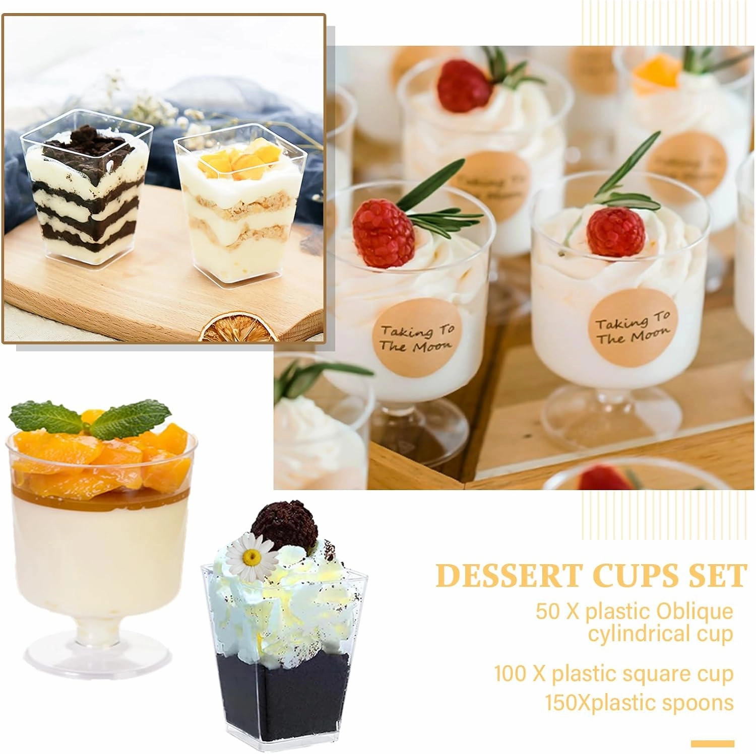 mwellewm 300 Packs Dessert Cups with Spoons, 5 OZ Mini Clear Plastic Dessert Parfait Cup for Party, Square Dessert Shot Glasse Round Goblet Small Reusable Fruit Ice Cream Pudding Appetizer Cup Bowls