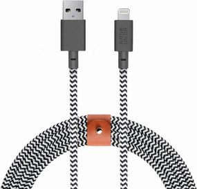 Native Union BELT Cable XL - 10ft Ultra-Strong Reinforced [MFi Certified] Durable Lightning to USB Charging Cable with Leather Strap compatible with iPhone 14, iPhone 13, iPhone 12 and Earlier (Zebra)