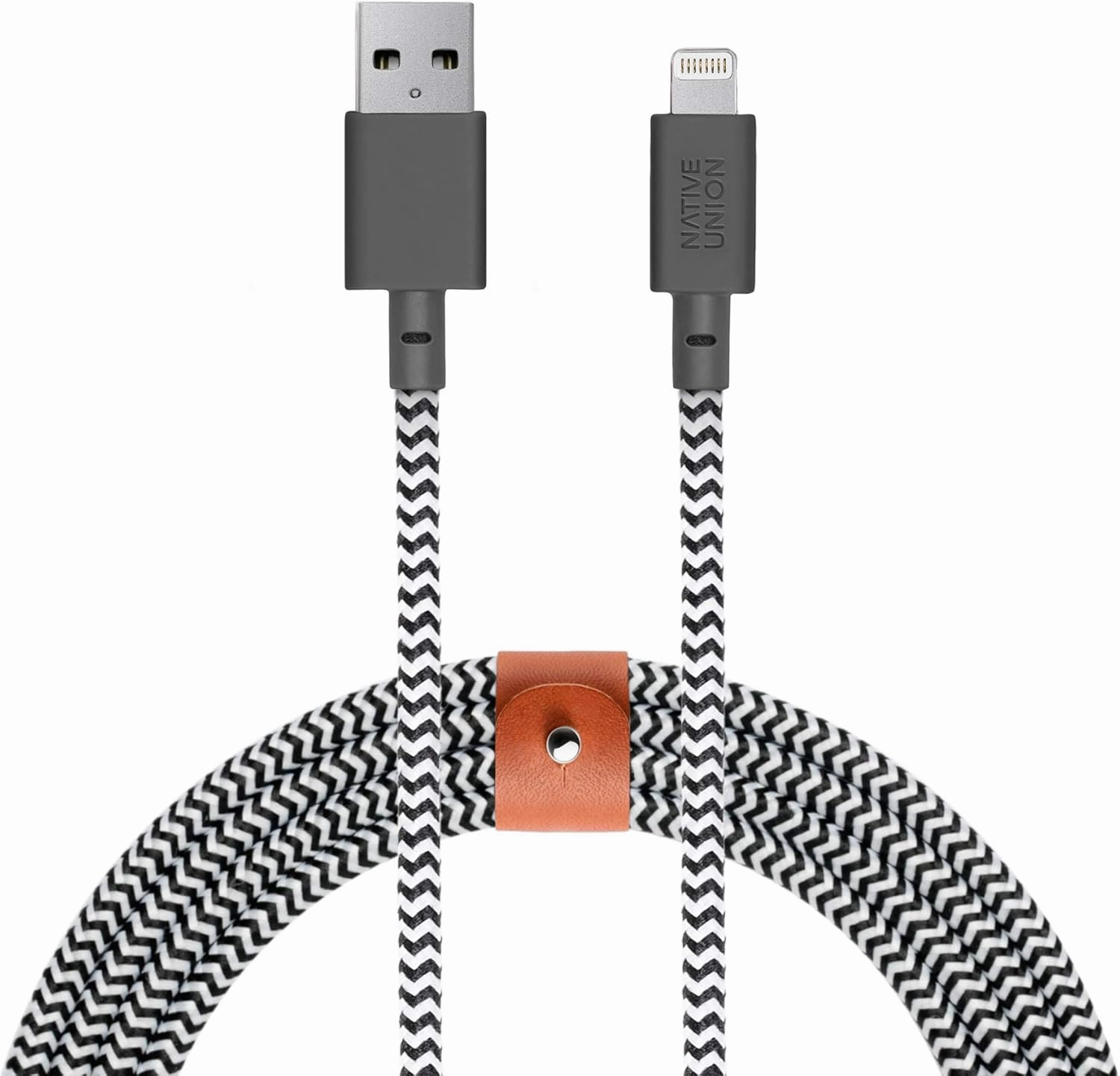 Native Union BELT Cable XL - 10ft Ultra-Strong Reinforced [MFi Certified] Durable Lightning to USB Charging Cable with Leather Strap compatible with iPhone 14, iPhone 13, iPhone 12 and Earlier (Zebra)