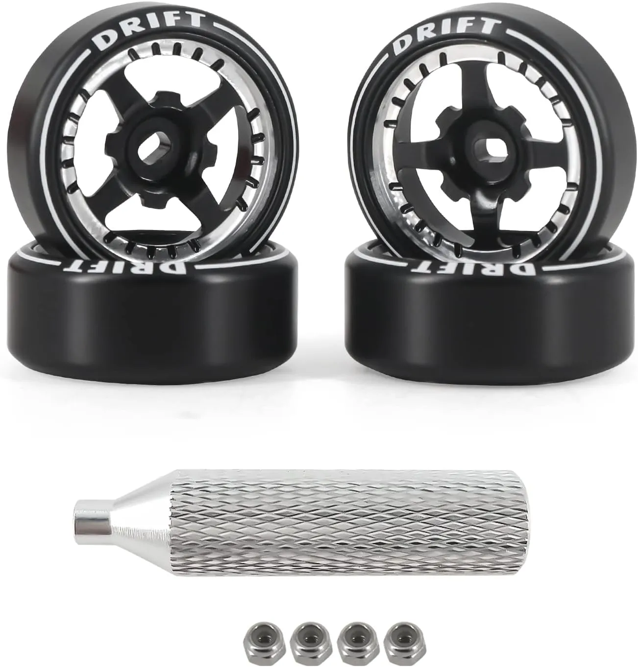 New 4 Pcs Rc Car Drift Wheels with Logo Tires for 1/28 Wltoys K969 K989 K929, [2N 2W] 4 Spoke Durable Aluminum Alloy Rc Drift Car Tires for 1/24 1/28 Mini-Q HGD1 HGV1 Upgrade Parts (Black)