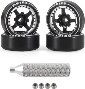 New 4 Pcs Rc Car Drift Wheels with Logo Tires for 1/28 Wltoys K969 K989 K929, [2N 2W] 4 Spoke Durable Aluminum Alloy Rc Drift Car Tires for 1/24 1/28 Mini-Q HGD1 HGV1 Upgrade Parts (Black)