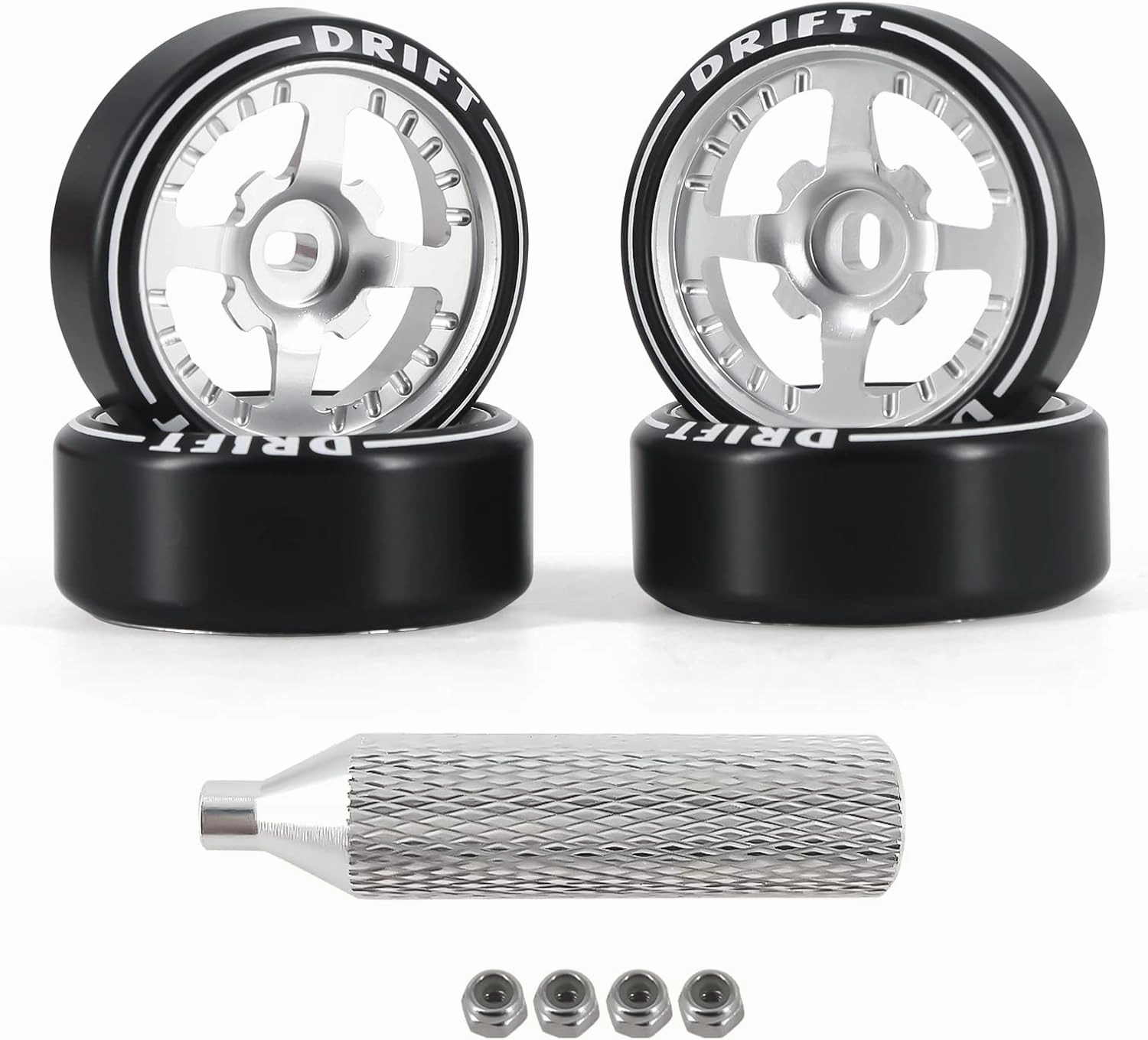 New 4 Pcs Rc Car Drift Wheels with Logo Tires for 1/28 Wltoys K969 K989 K929, [2N 2W] 4 Spoke Durable Aluminum Alloy Rc Drift Car Tires for 1/24 1/28 Mini-Q HGD1 HGV1 Upgrade Parts (Silver)
